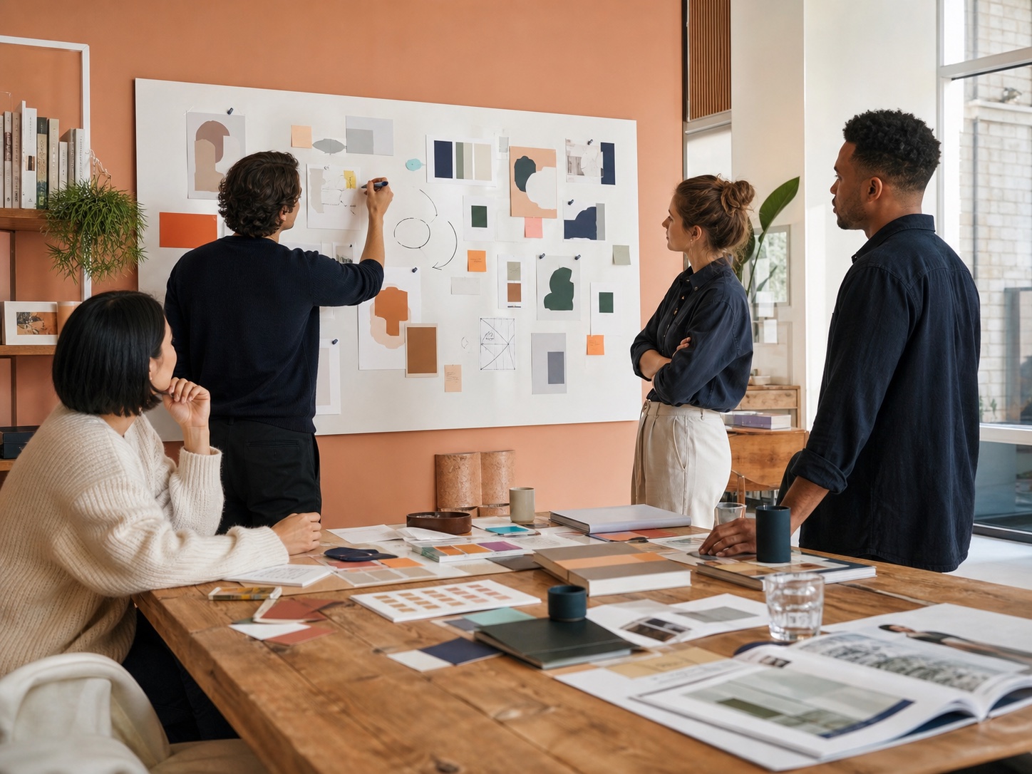 Strategieteam werkt aan merkkoers op een groot bord