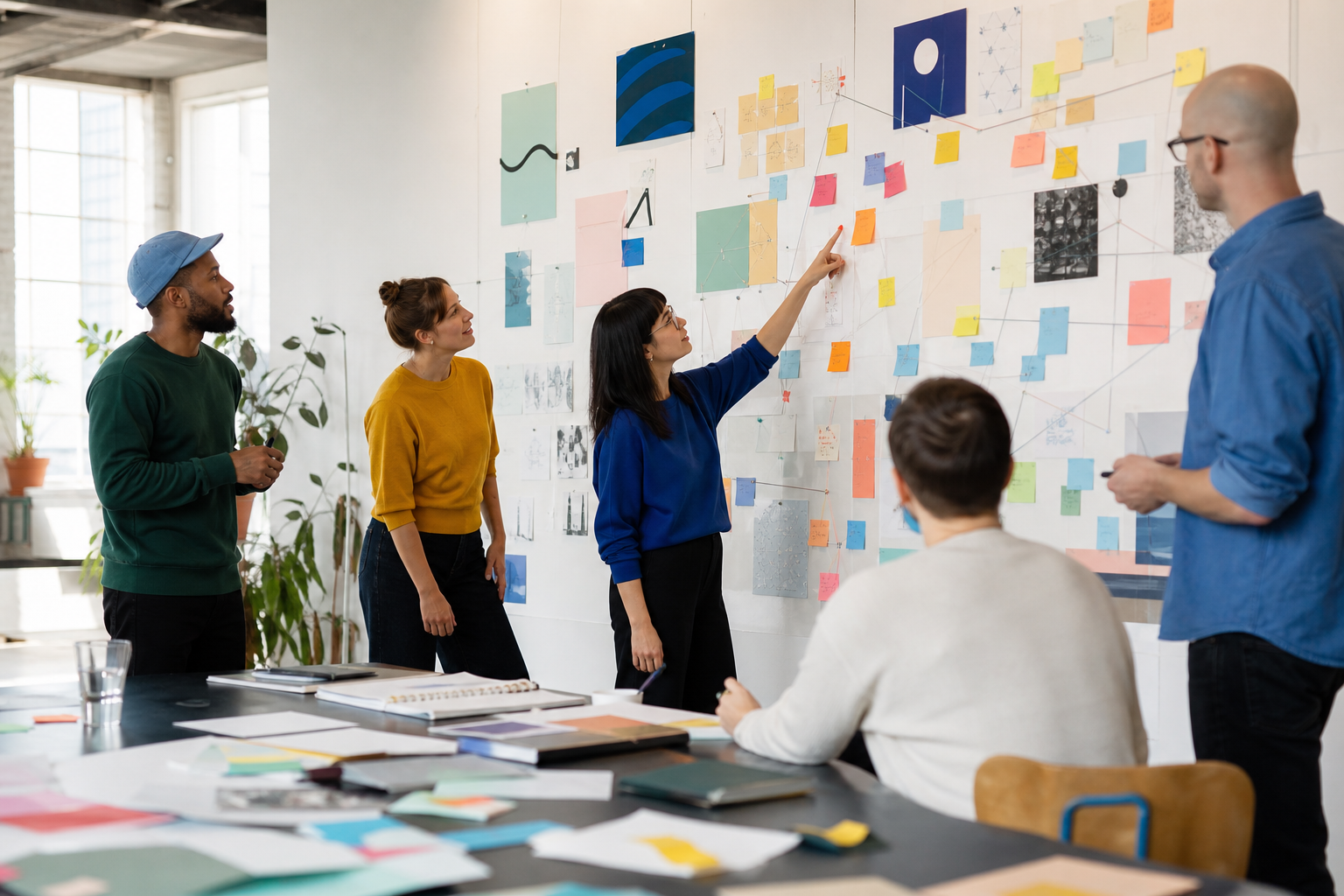 Team bespreekt een strategische koers rond een wand vol inzichten